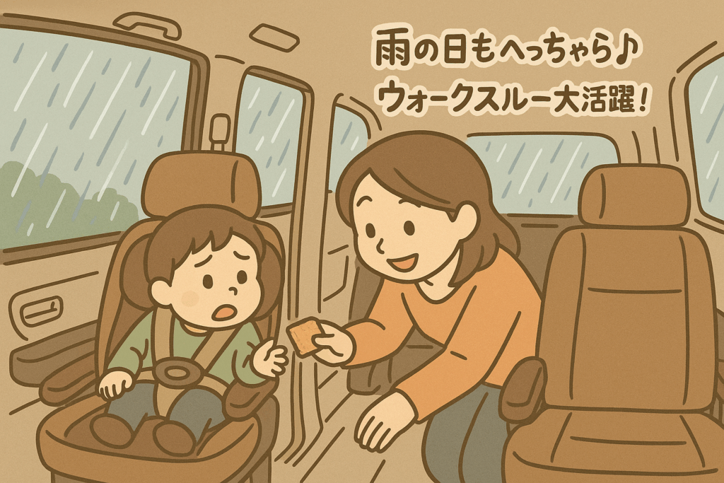 雨の日にフリード車内で、ウォークスルーを使って母親が後部座席の子供の世話をしに移動しているイラスト。「雨の日もへっちゃら♪ ウォークスルー大活躍!」というセリフ付き。