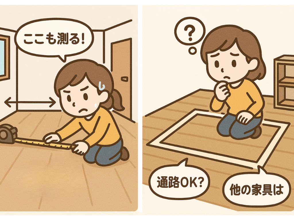セミダブルベッド設置前に部屋を測る女性と、配置をシミュレーションしながら悩む女性のイラスト。「通路OK？」「他の家具は？」と考えながら、ベッドの置き場所を確認している様子を表現。