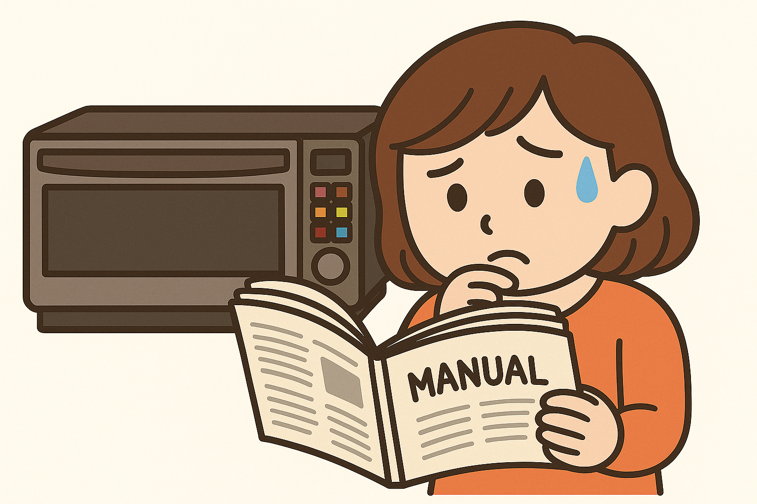電子レンジの前で「MANUAL(説明書)」を手に取り、困惑した表情で操作方法を確認している女性のイラスト。ボタンの多さや操作の複雑さに戸惑っている様子を表現。