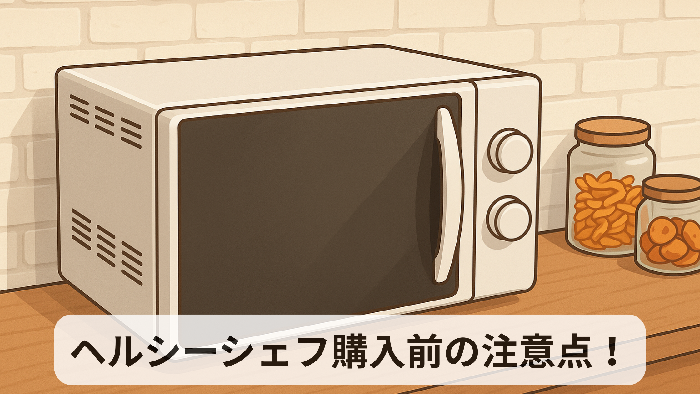 ヘルシーシェフ風のオーブンレンジがキッチンの木製カウンターに設置されているイラスト。ヘルシーシェフ購入前の注意点の文字入り