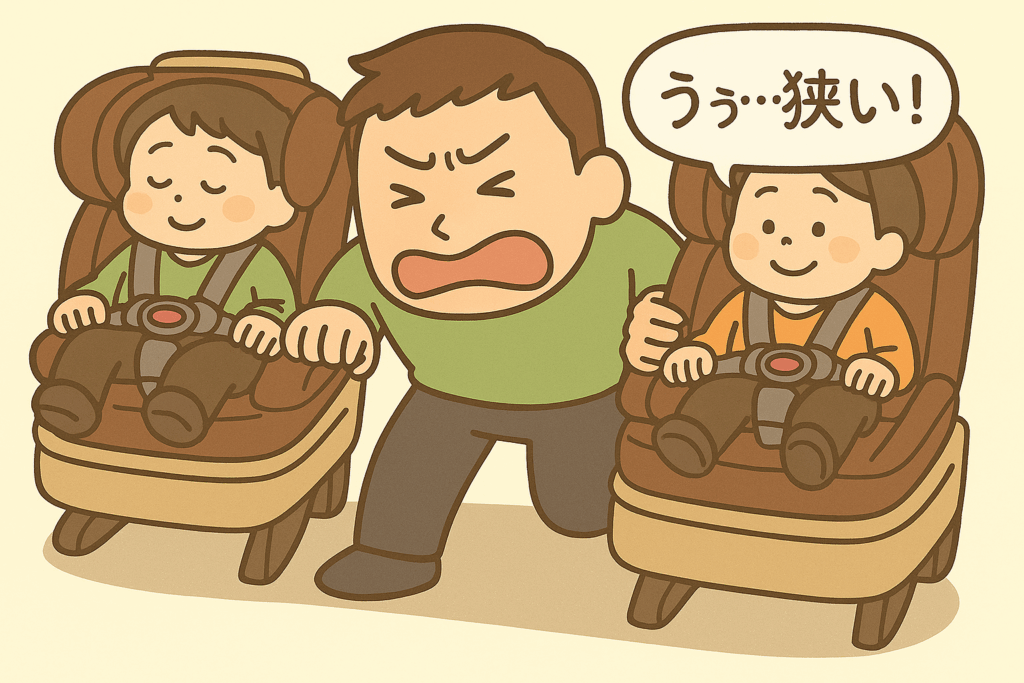 チャイルドシートを2つ並べた車内で、スペースが狭くて困っている父親のイラスト。子育て世帯の車内空間の悩みを表現。