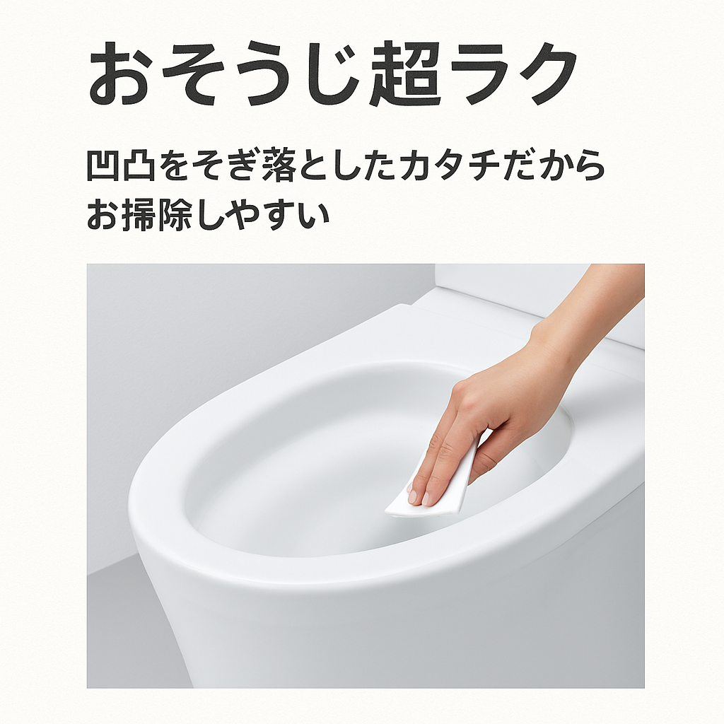 凹凸の少ない形状で掃除がしやすいトイレを、手で簡単に拭き取る様子を示したイメージ。清掃性に優れたフチなし設計をアピールしている。