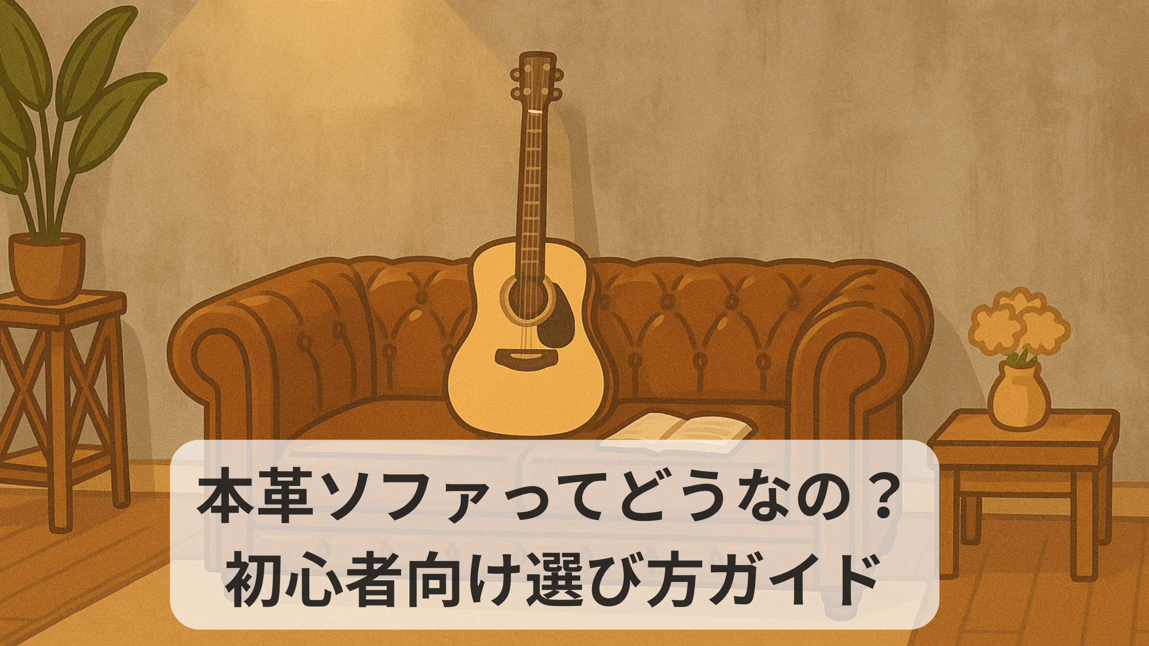 本革ソファってどうなの？初心者向け選び方ガイド」という文字が入ったイラスト風の画像。落ち着いた部屋に本革ソファとアコースティックギターが置かれている