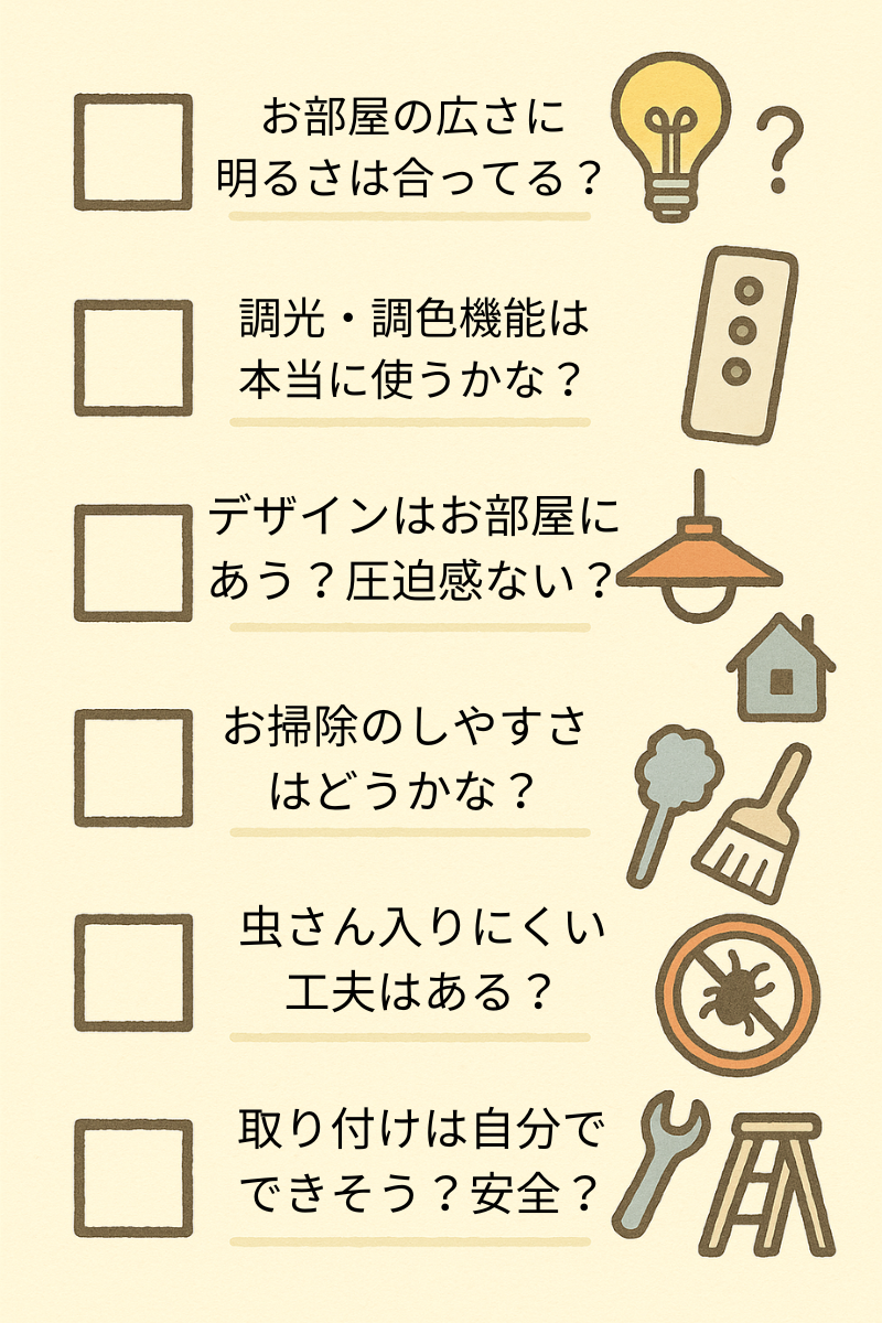 シーリングライトを選ぶ前に確認したいチェックリストをイラスト付きで紹介。「部屋の広さに合っているか」「調光・調色機能の活用度」「デザインの圧迫感」「掃除のしやすさ」「虫が入りにくい構造か」「安全に取り付けできるか」の6項目をチェック形式で表示。