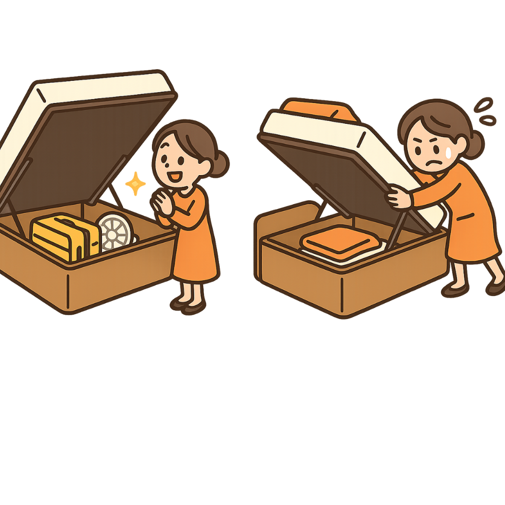 ベッドのマットレスを跳ね上げて中に収納する女性のイラスト。大きな布団や季節用品をしまっている様子がわかる。