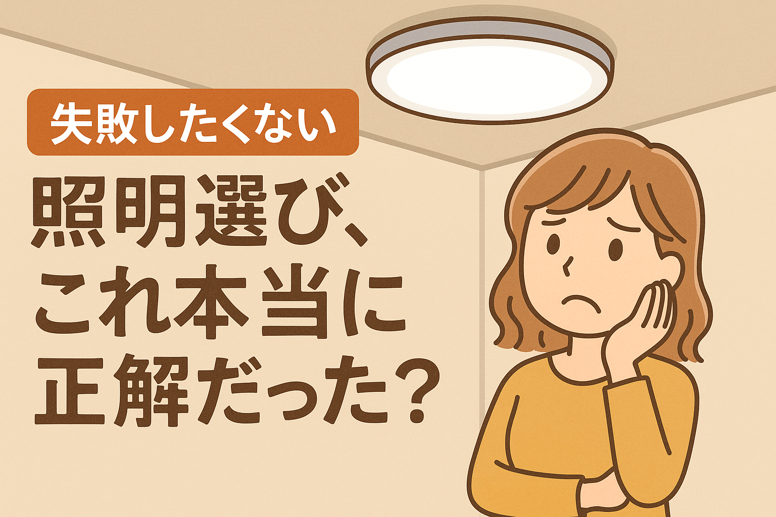 天井のシーリングライトを見上げて照明選びに悩む女性のイラスト。『失敗したくない 照明選び、これ本当に正解だった？』という文字入り