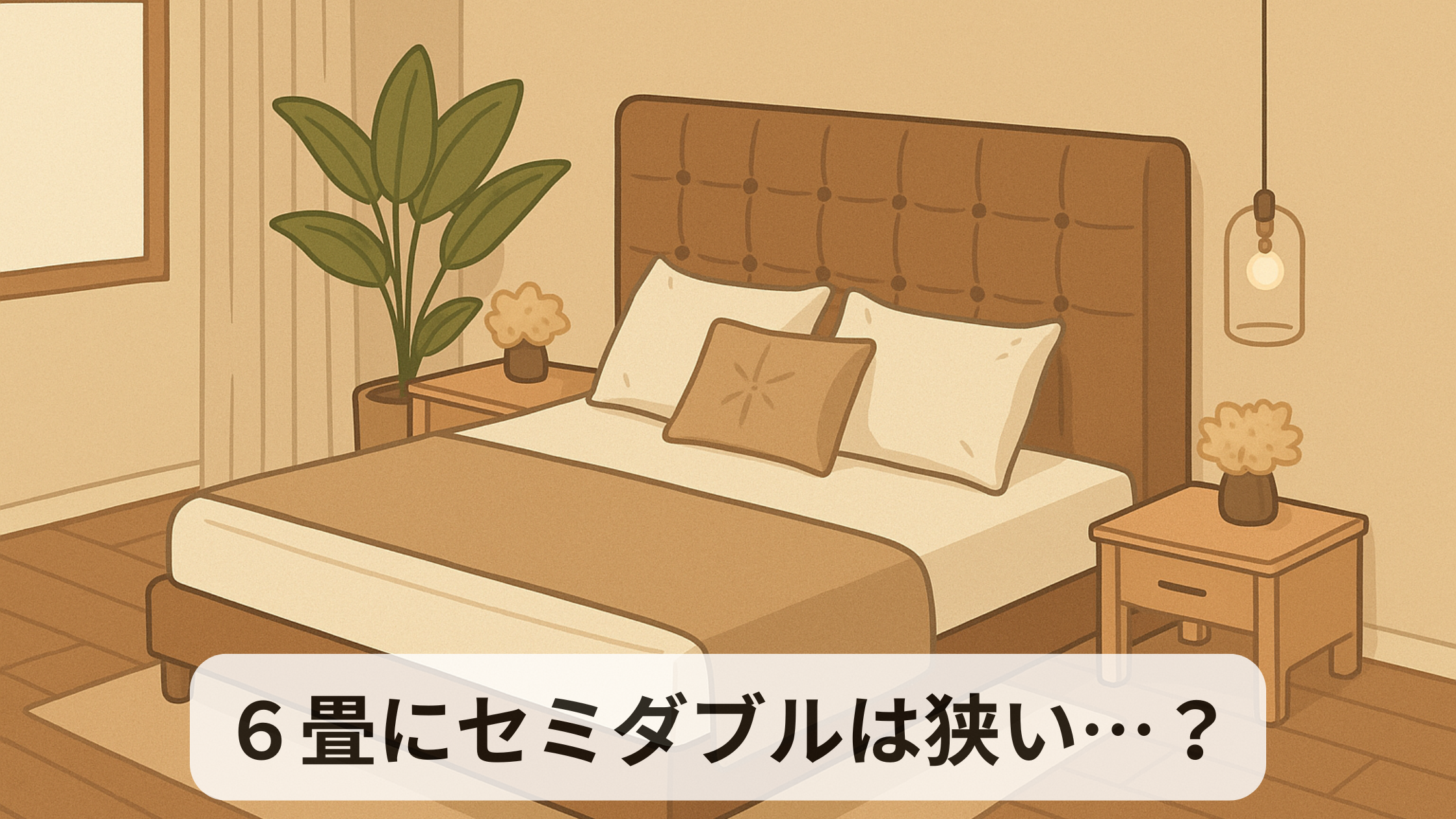 6畳の部屋にセミダブルベッドが置かれたレイアウトのイラスト。落ち着いた雰囲気の寝室で、ベッド周りにはナイトテーブルや照明が配置されている様子。６畳にセミダブルは狭い？の文字入り。