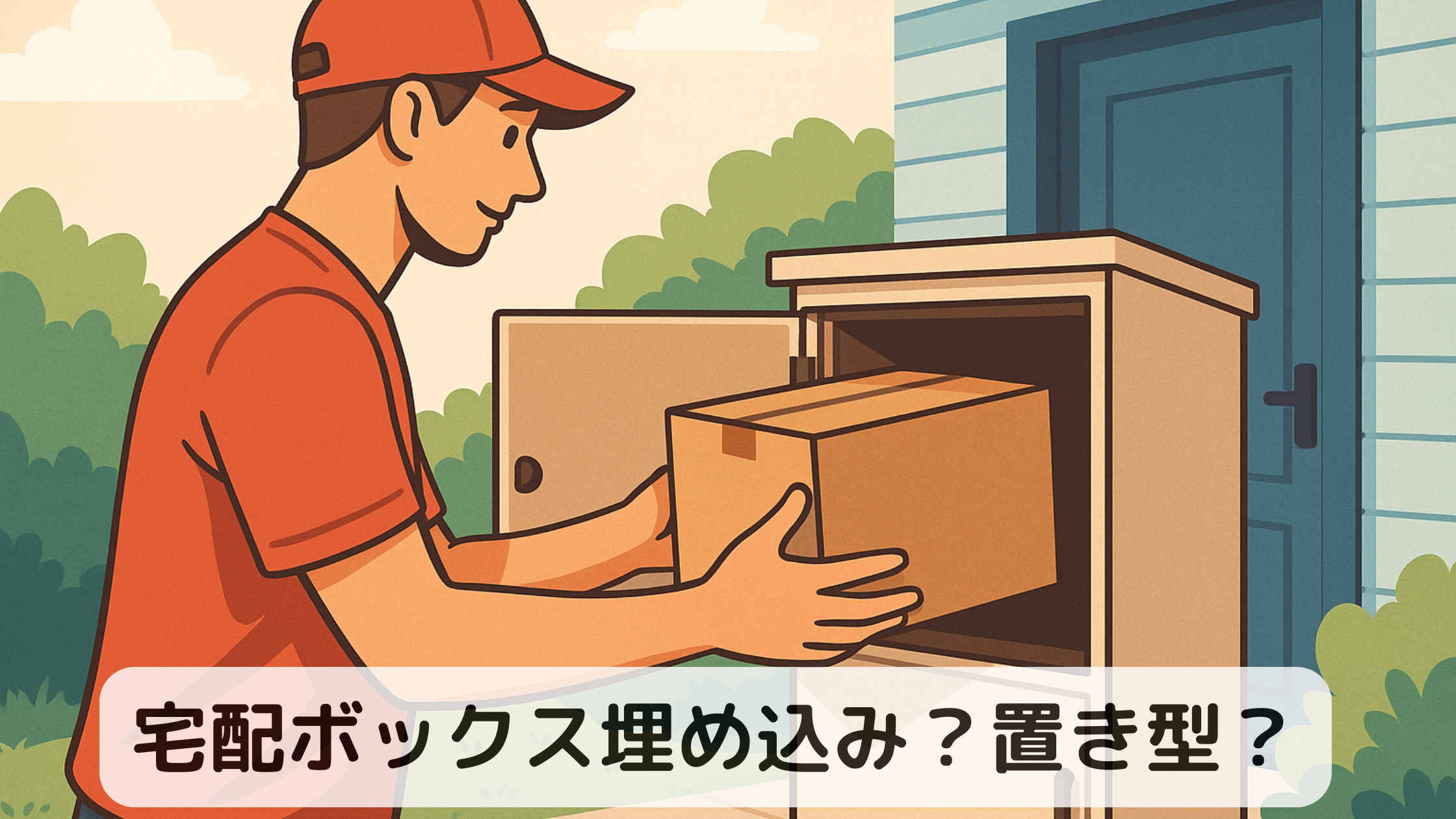 宅配ボックスに荷物を入れている配達員のイラスト。『宅配ボックス埋め込み？置き型？』の文字入り
