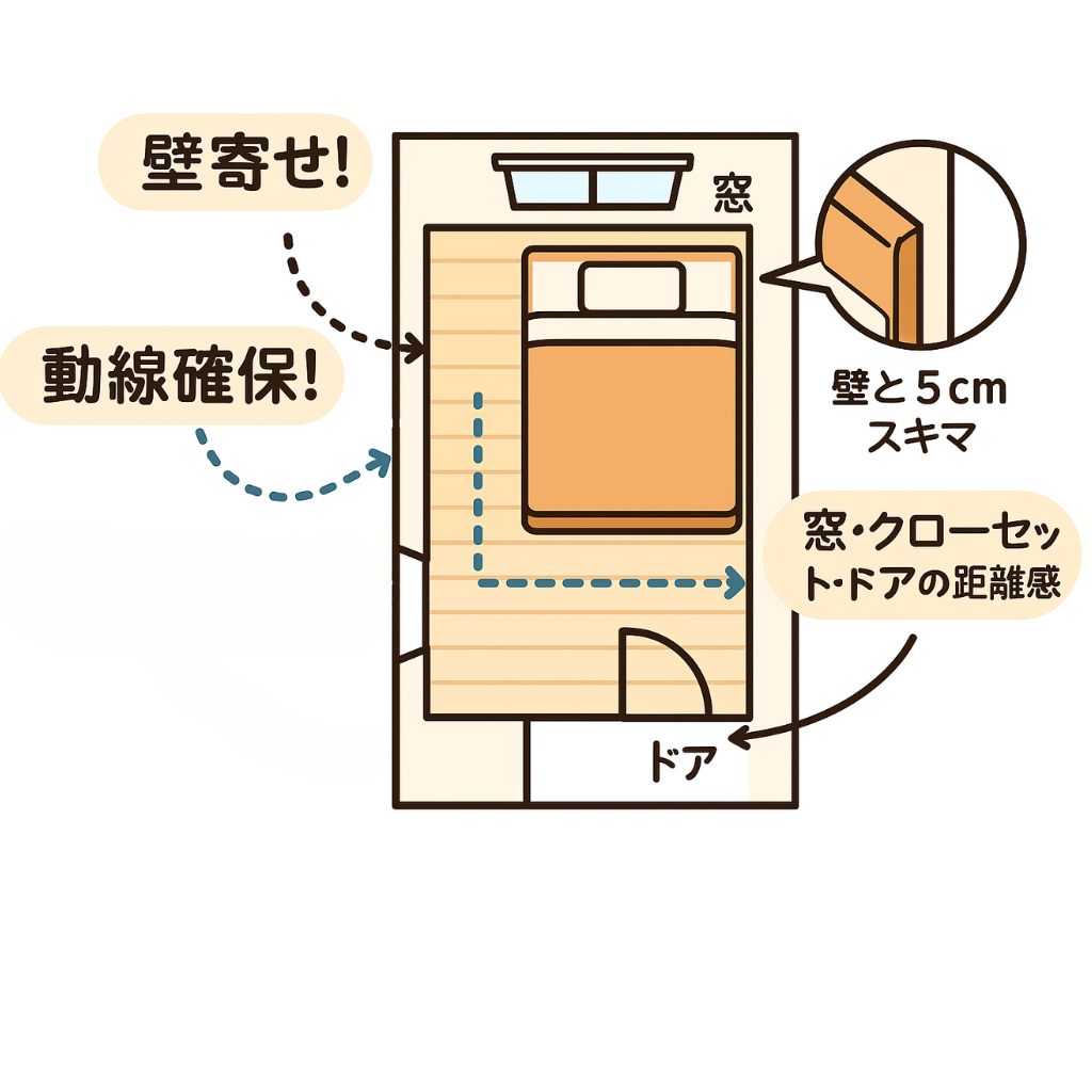 6畳の部屋にセミダブルベッドを配置した間取り図。ベッドの頭側と片側を壁に寄せ、動線を確保したレイアウトを示す図解。壁との5cmのすき間や窓・クローゼット・ドアとの距離感にも注意が促されている。