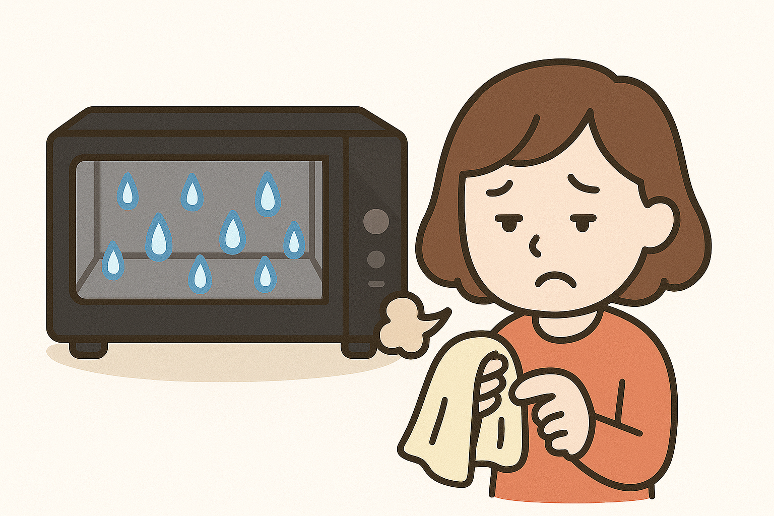 スチーム調理後のレンジ庫内に大量の水滴がついており、布巾で拭き取る女性のイラスト。掃除の手間や湿気問題を表している。
