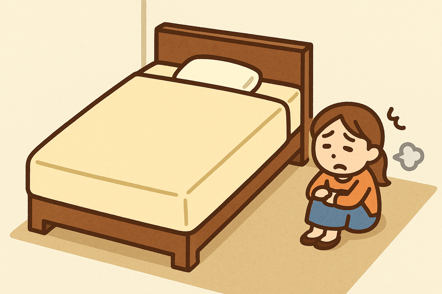 部屋の大部分をベッドが占領してしまい、床に座り込んで後悔している女性のイラスト。セミダブルベッドを置いた結果、圧迫感を感じている様子を表現。