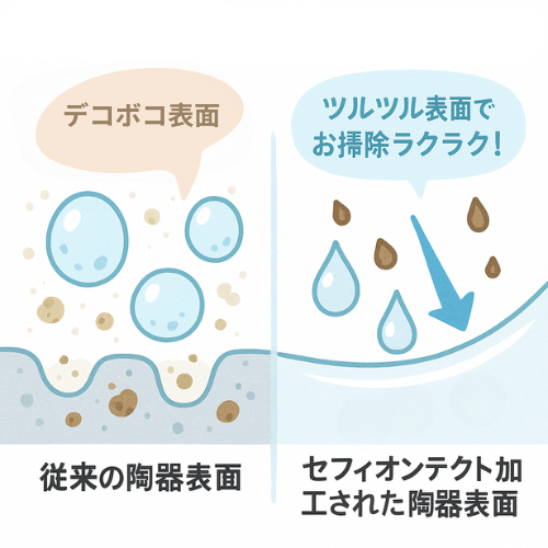 従来の陶器表面とセフィオンテクト加工された陶器表面の違いを比較した図解。左は汚れがたまりやすい凸凹のある表面、右は水や汚れが滑り落ちるツルツル加工の清掃しやすい表面を表現。