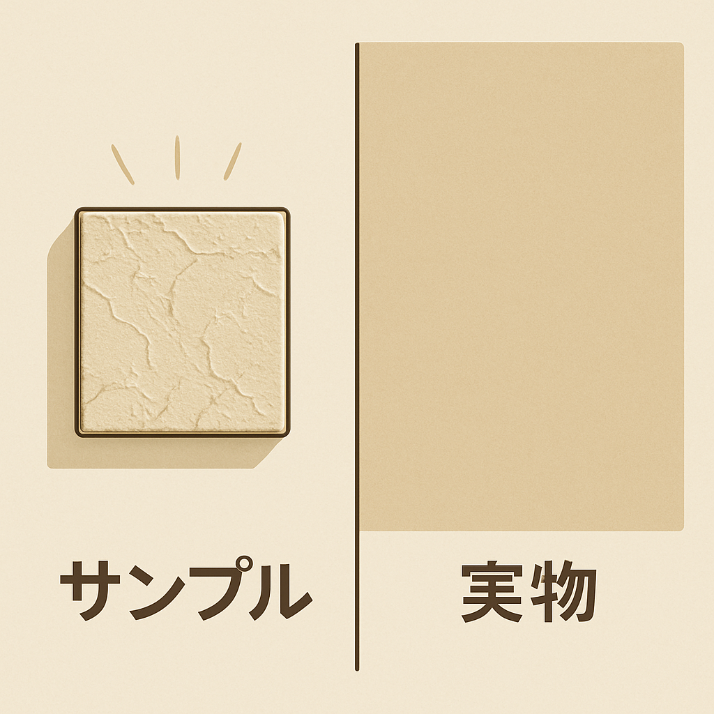 「塗り壁風クロスのサンプルと実際に貼ったときの見え方の違いを比較した画像。左は凹凸のある小さなサンプル、右は広範囲に貼った実物の壁面で、印象の違いを表現している。