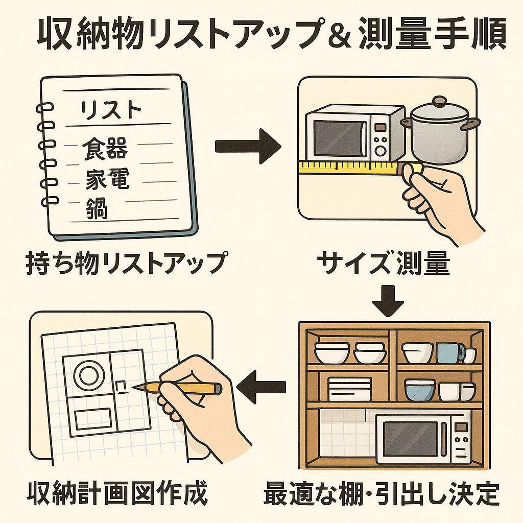 造作収納棚を作る前の手順を示した図解。ノートに収納物をリストアップし、家電や鍋のサイズを測り、手書きで収納図を作成して、最終的に棚や引き出しの配置を決定する流れをイラストで表現。