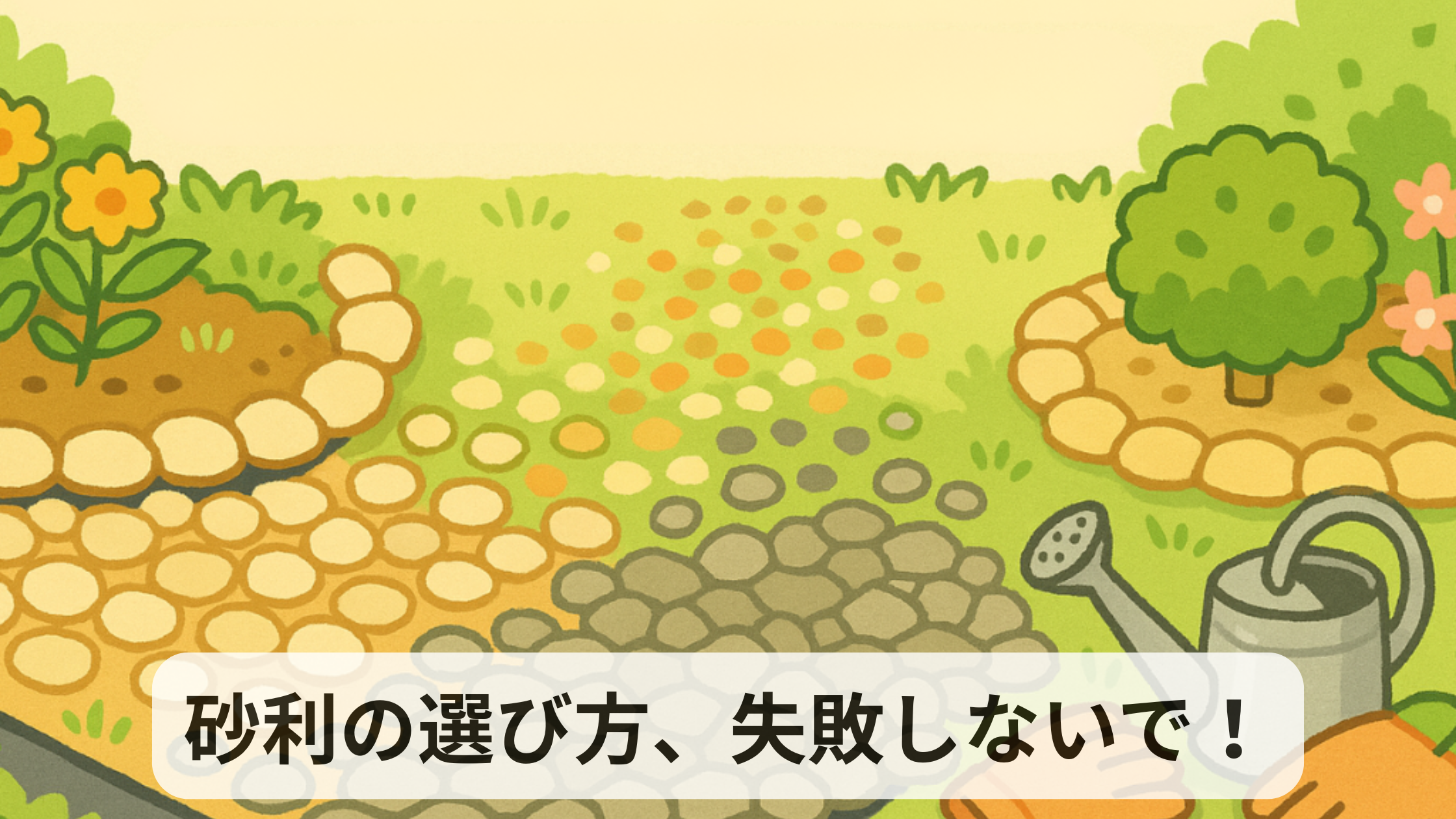 庭の砂利を描いたイラスト。敷石の配置と手入れをしている手袋とジョウロが描かれ、周囲には草花や植木がある明るい庭の風景。砂利の選び方、失敗しないでの文字入り。