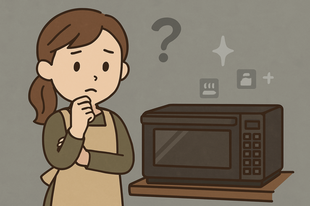 電子レンジの前で腕を組み、操作に不安げな表情を浮かべる女性のイラスト。ボタンの多さや使いこなせるかどうか悩んでいる様子を表現。