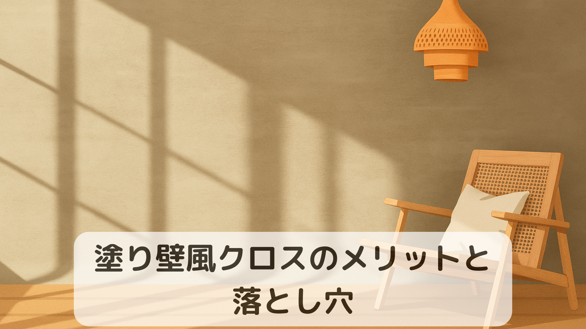 塗り壁風クロスの壁と木製チェアがあるナチュラルな室内を描いたイラスト。『塗り壁風クロスのメリットと落とし穴』という文字入り。