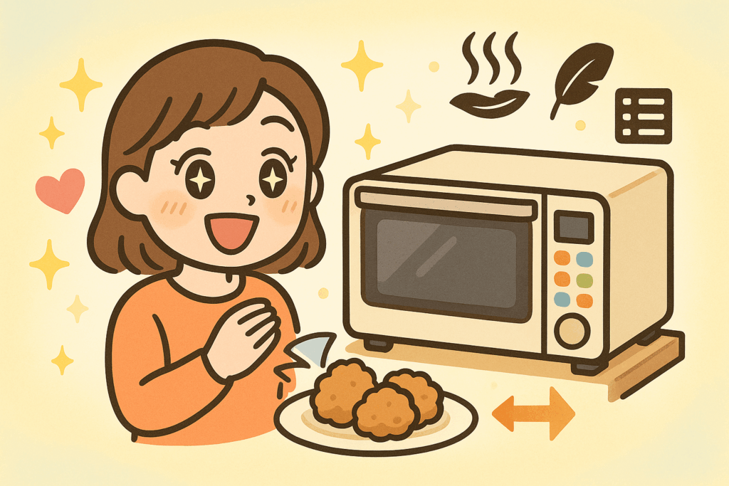 電子レンジから料理(からあげ)を取り出し、嬉しそうにお皿に盛りつける女性のイラスト。多機能レンジを楽しく活用している様子を表現。
