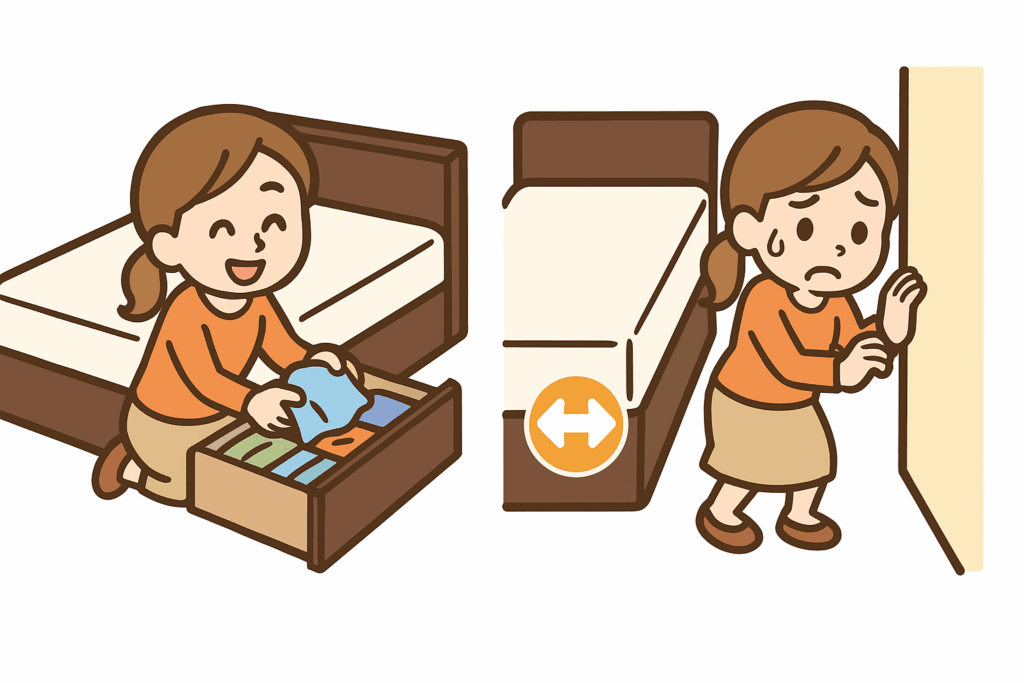 引き出しタイプのベッドを使って収納する女性のイラスト。ベッドの横にスペースが必要で、壁が近いと引き出しが開かない様子も描かれている。
