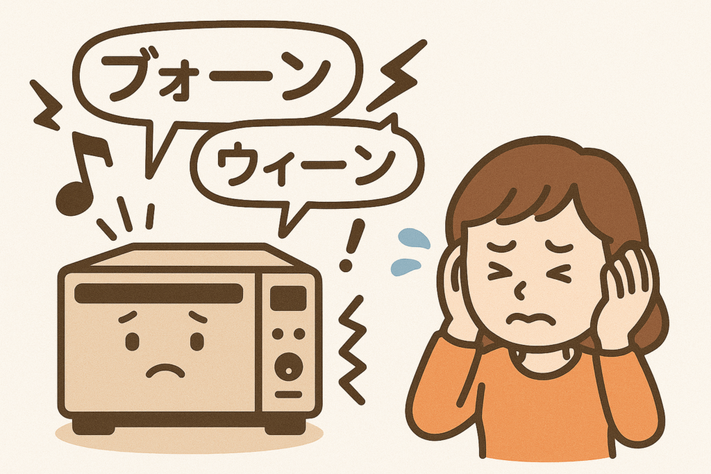 スチームオーブンレンジから「ブォーン」「ウィーン」といった音が出ている様子に耳を塞いで困っている女性のイラスト。調理中の動作音が気になるシーン。