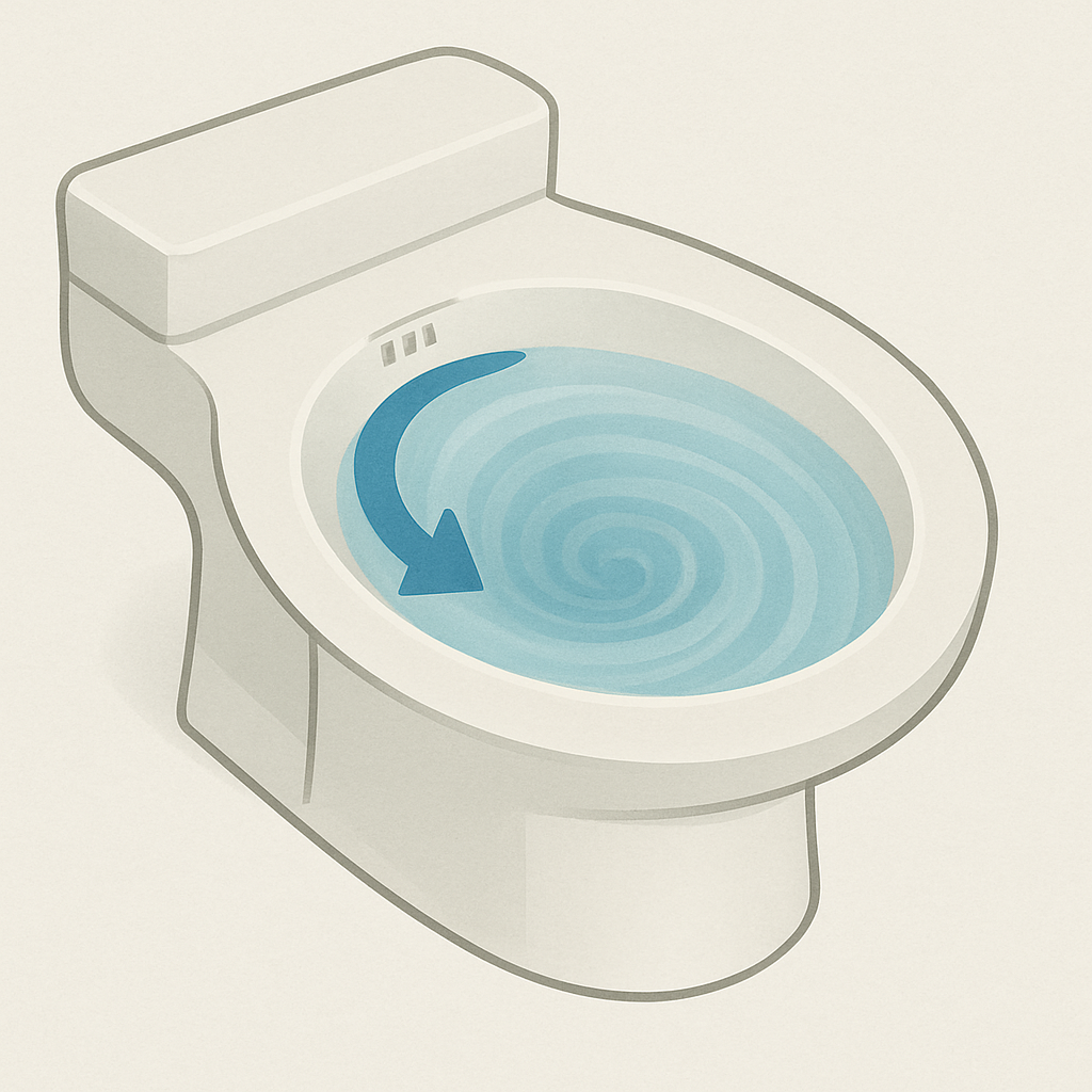 渦を巻きながら水が流れる様子を示した洋式トイレのイラスト。トルネード洗浄の水流方向を視覚的に表現している。