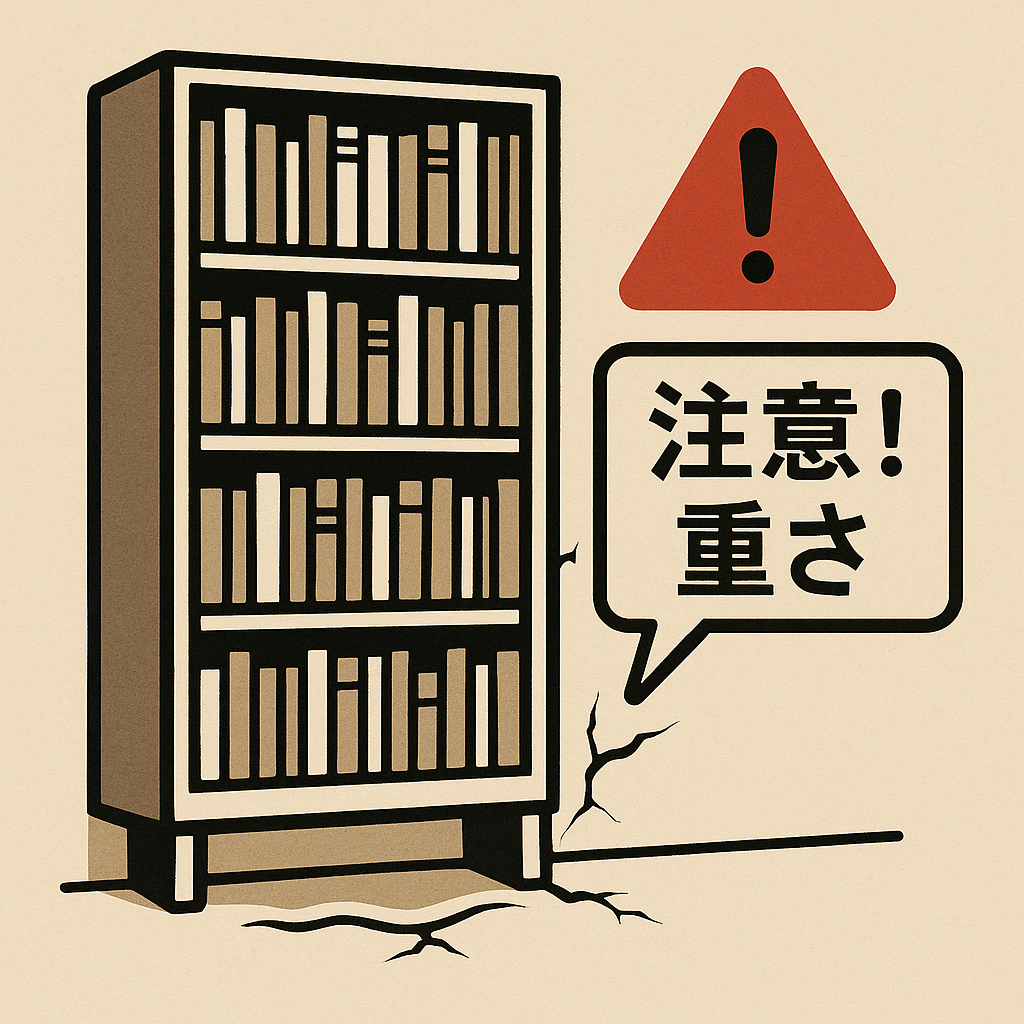 本がぎっしり詰まった本棚の下の床と壁にヒビが入り、「注意!重さ」と書かれた吹き出しと警告マークが表示されている、安全性への注意喚起イラスト。