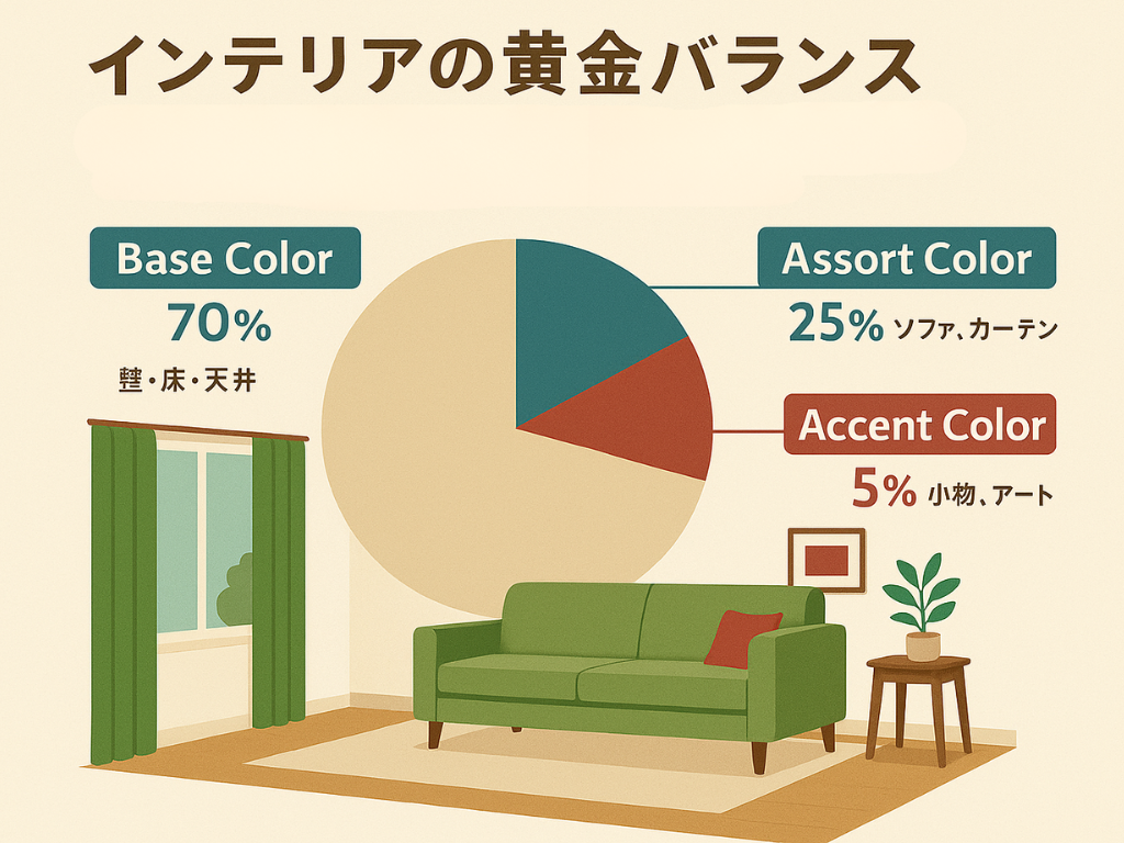 インテリアの黄金バランス」というタイトルが付いたインフォグラフィック。円グラフが70%の「Base Color(壁・床・天井)」、25%の「Assort Color(ソファ・カーテン)」、5%の「Accent Color(小物・アート)」の割合を示しており、それぞれの要素のイラストも描かれています。