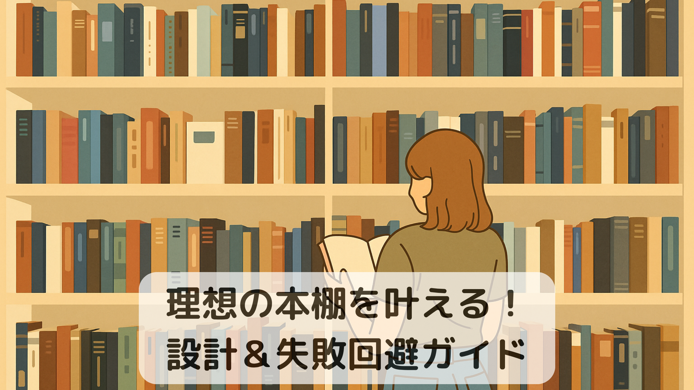 本棚の前で本を手に取る女性のイラスト。理想の本棚づくりの設計と失敗回避をテーマにしたアイキャッチ画像