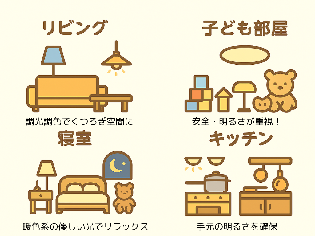 部屋ごとに異なる照明の役割をイラストで解説。リビングは調光調色でくつろぎ空間に、寝室は暖色系の光でリラックス、子ども部屋は安全性と明るさを重視、キッチンは手元の明るさを確保する照明が重要であることを表現。