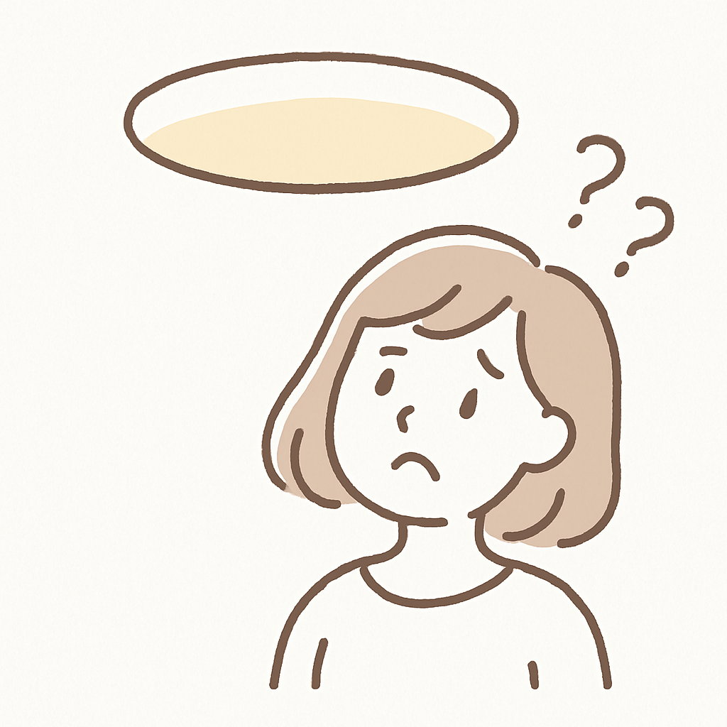 シーリングライトを見上げて首をかしげ、不満げな表情を浮かべる女性のイラスト。照明選びに迷いや不満を感じている様子を表現。