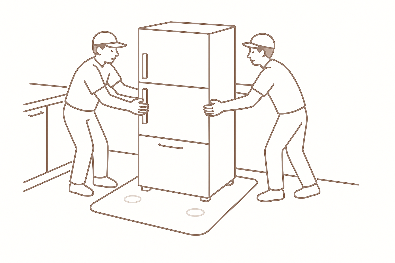 作業員が2人で冷蔵庫を慎重に設置している様子のイラスト。冷蔵庫の下にはマットが敷かれている