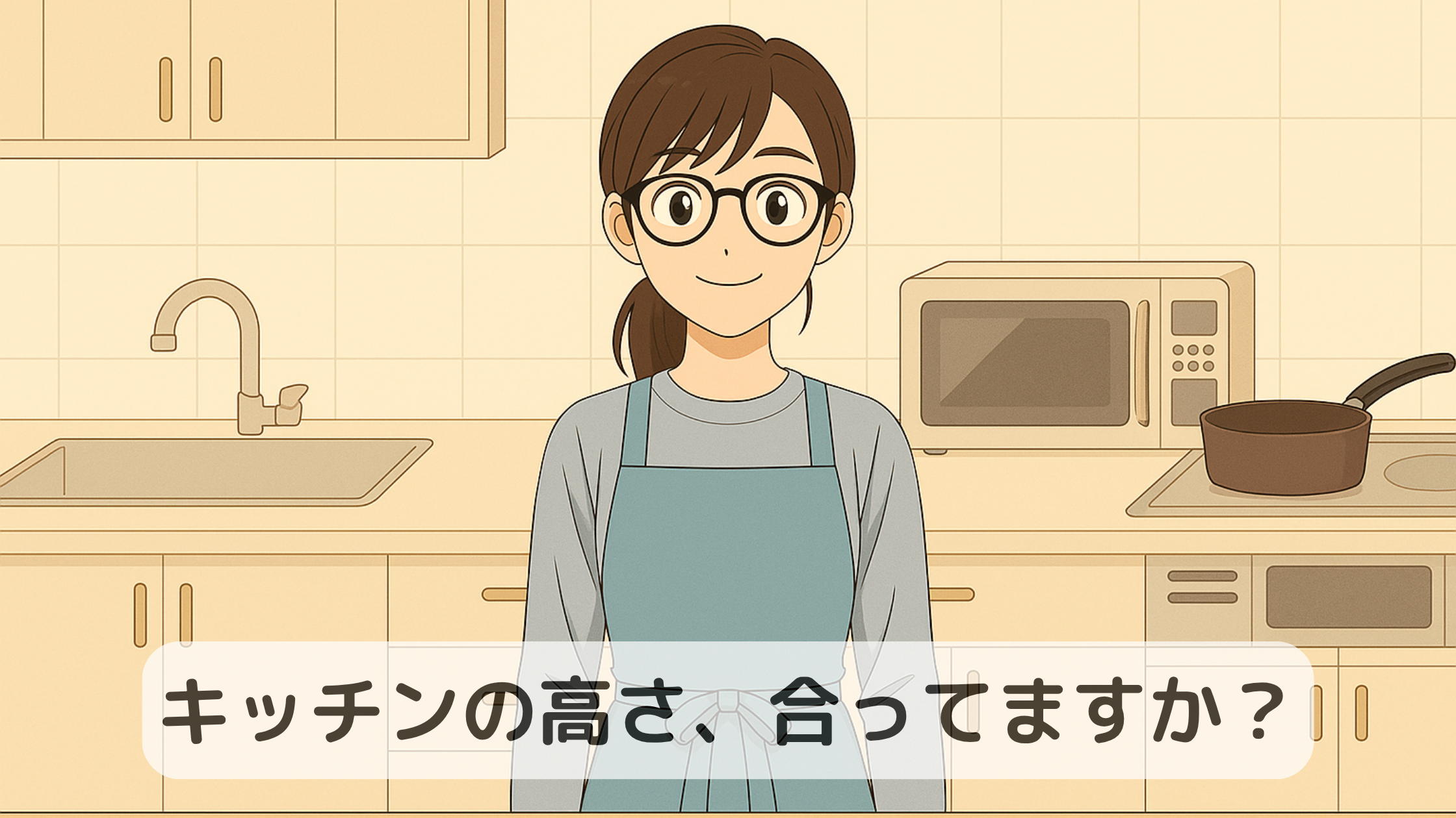 メガネをかけた女性がキッチンに立ち、「キッチンの高さ、合ってますか？」というテキストが表示されているイラスト