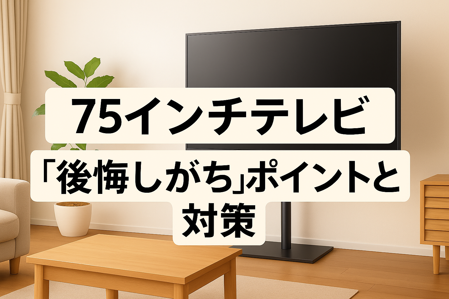 75インチテレビの「後悔しがち」ポイントと対策を紹介する記事のアイキャッチ画像。テレビスタンド付きのテレビがあるシンプルなリビング風イラスト。