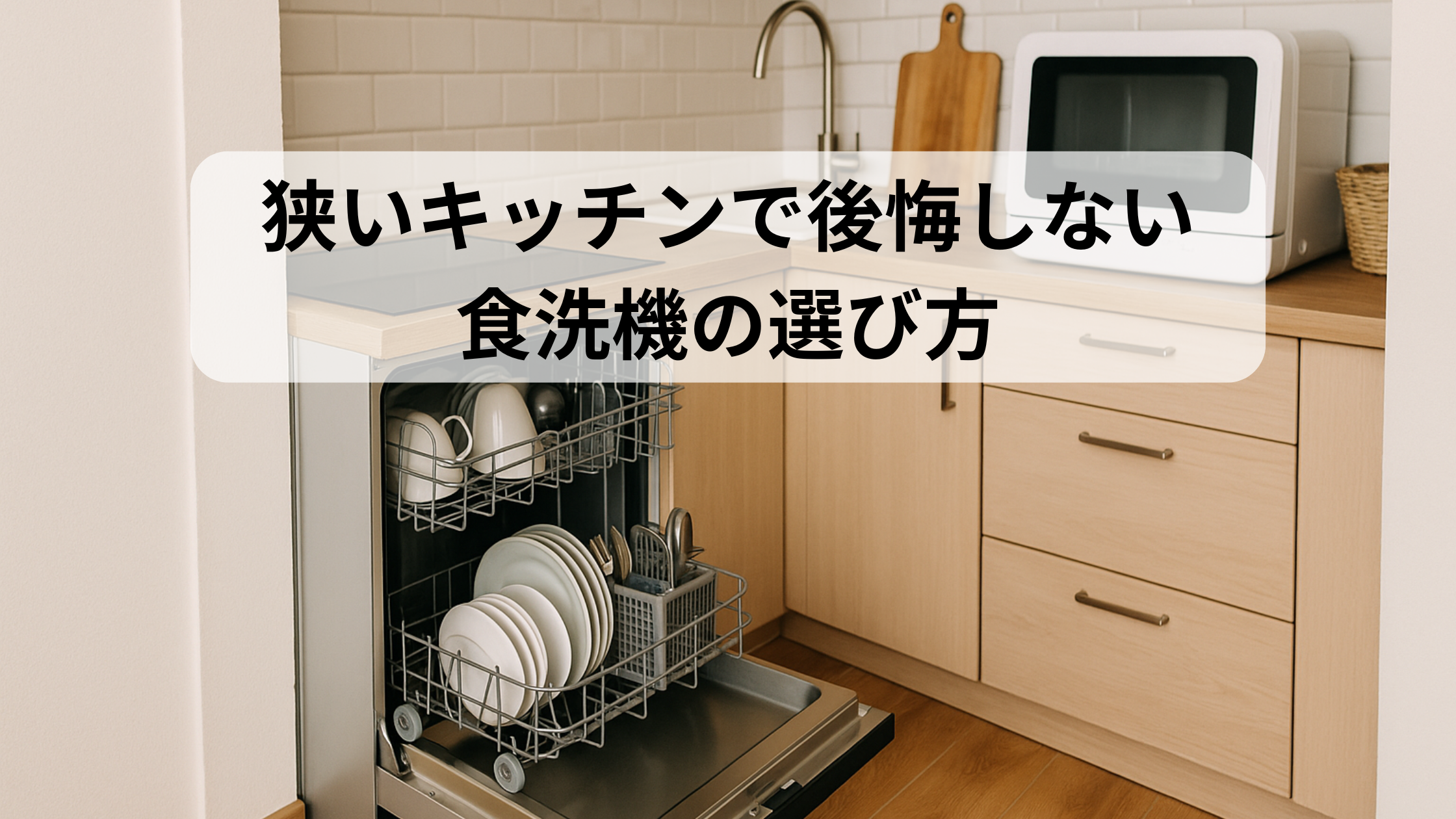狭いキッチンに設置されたフロントオープン食洗機と卓上食洗機の写真。後悔しない食洗機選びをイメージしたアイキャッチ