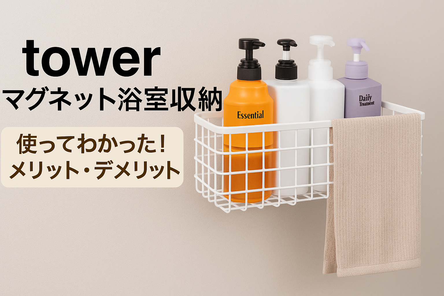 towerマグネット浴室収納の格子状バスケットにシャンプーボトルとタオルを収納している様子。メリット・デメリットの文字入りアイキャッチ画像