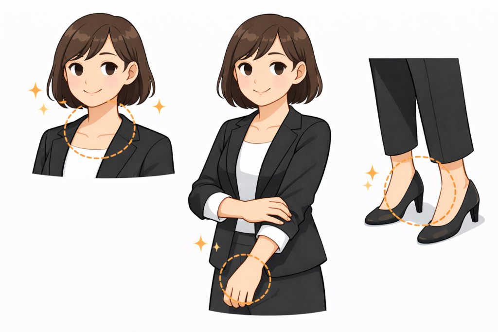 首・手首・足首の3首を見せると着痩せするパンツスーツコーデのイラスト
