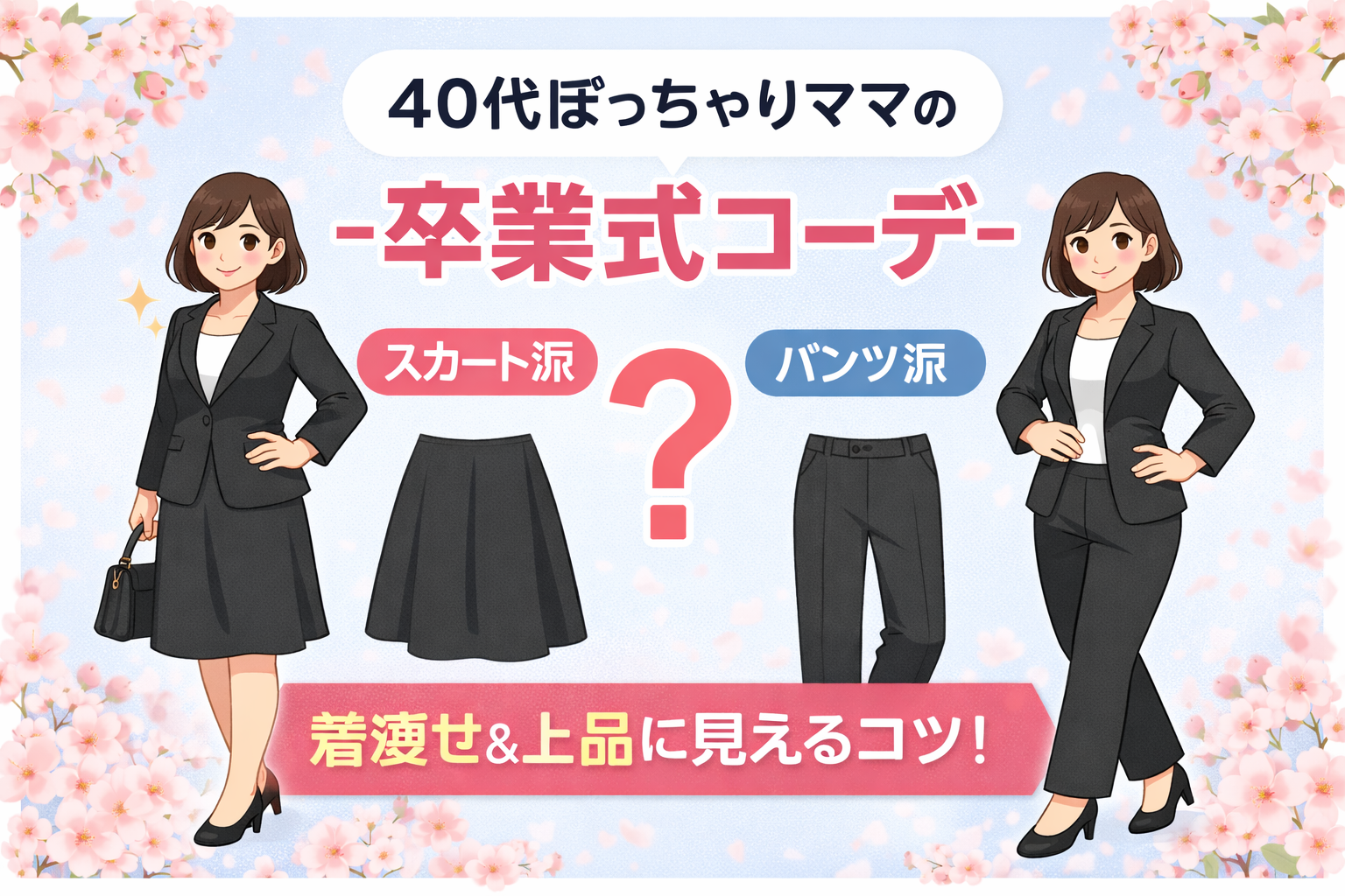 40代ぽっちゃりママの卒業式コーデ（スカートとパンツの比較イラスト）