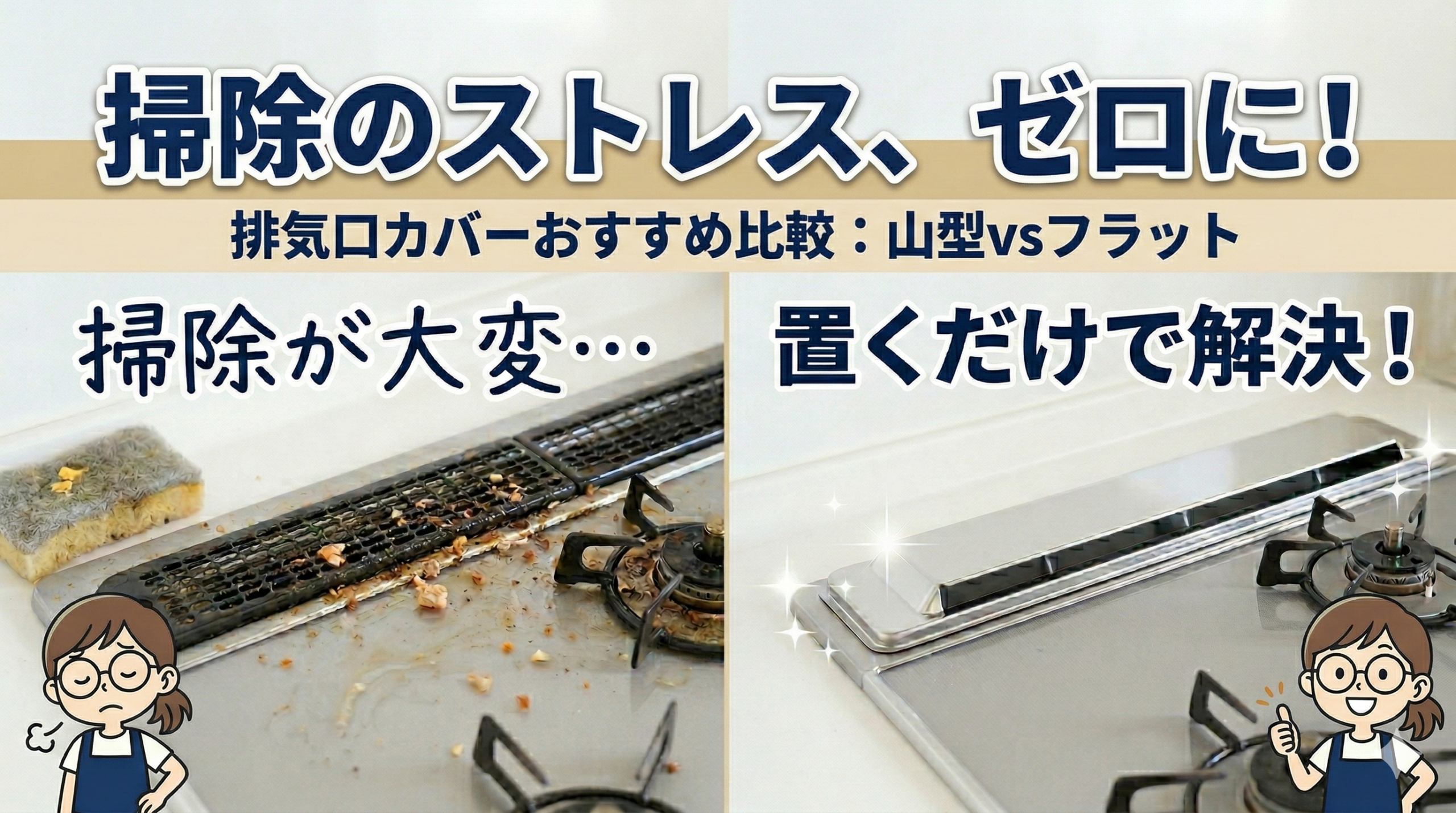 排気口カバーのおすすめ比較記事のアイキャッチ画像。左側に「掃除が大変」と悩む主婦と汚れたコンロ、右側に「置くだけで解決」と喜ぶ主婦と清潔な排気口カバーの比較。中央に「掃除のストレス、ゼロに！」の文字